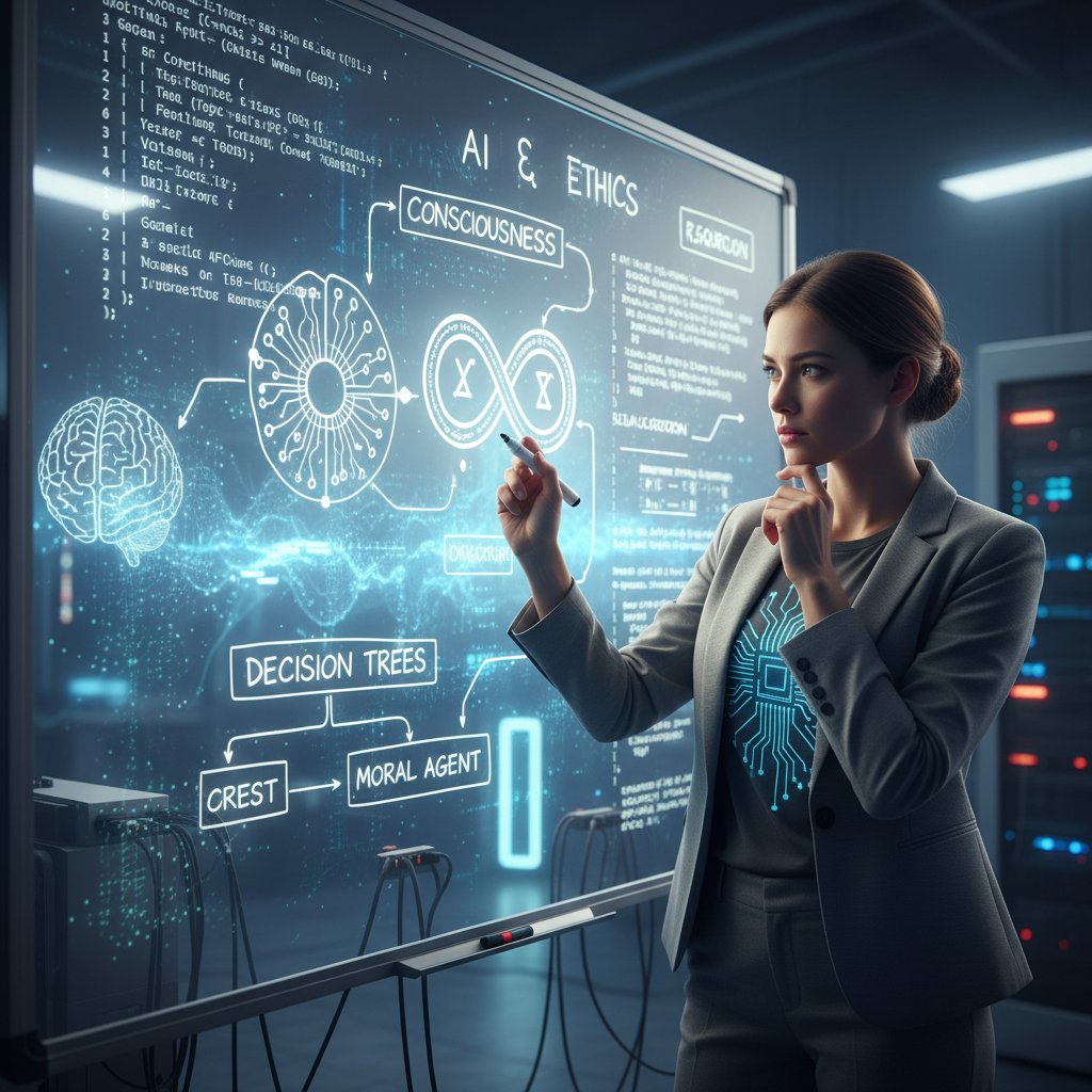 Inżynier i filozof dyskutujący nad kodem AI, tablica z teoriami etycznymi w tle