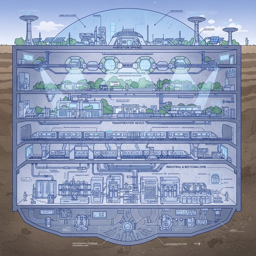 Engineering diagram of a real-world underground city, cross-section with technical details