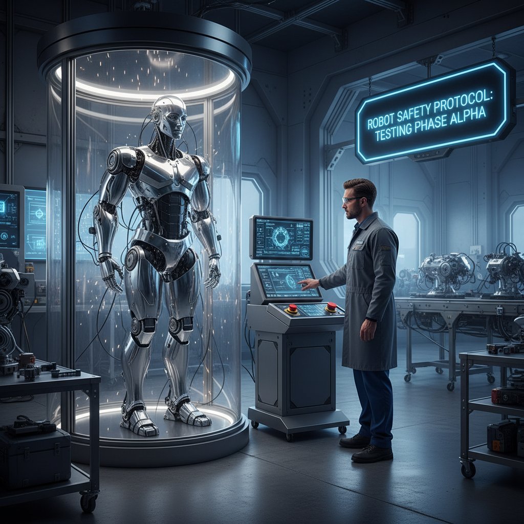 Inżynier nadzorujący testy bezpieczeństwa robota przemysłowego, nowoczesne laboratorium, skupienie