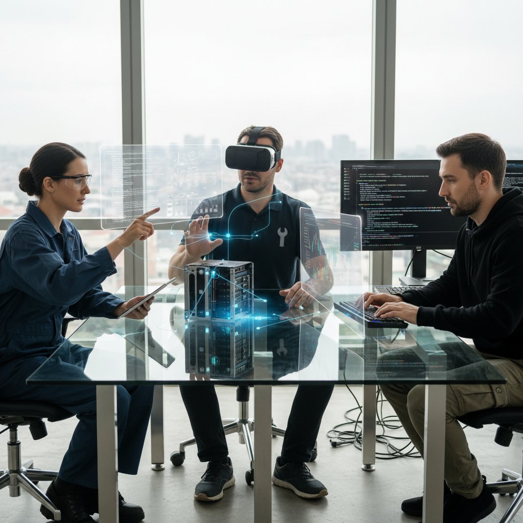 Inżynier, specjalista usług i programista w jednym kadrze, analizujący dane finansowe na laptopach