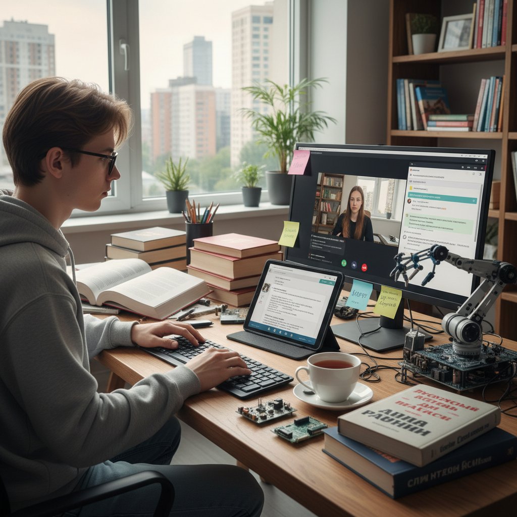 Różne osoby uczące się rosyjskiego technicznego online: inżynier, student, tłumacz