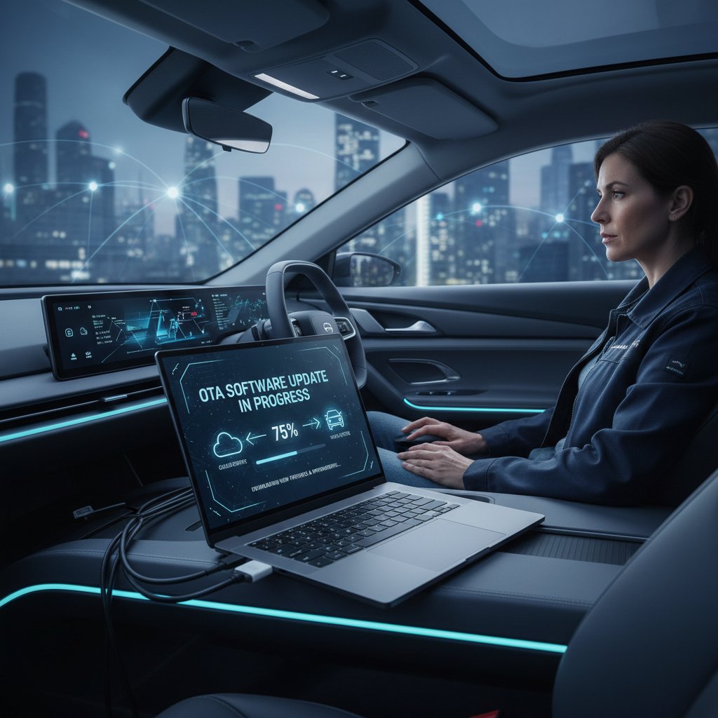 Stylized photo of engineers working on laptops next to car with dashboard showing software update, symbolizing OTA data flow