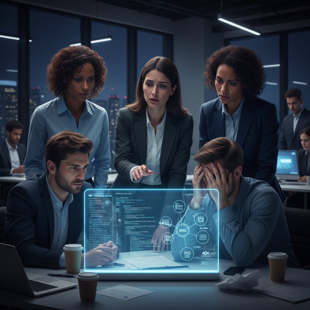 Zespół inżynierów dyskutujący odpowiedzialność AI w nowoczesnym biurze, atmosfera napięcia