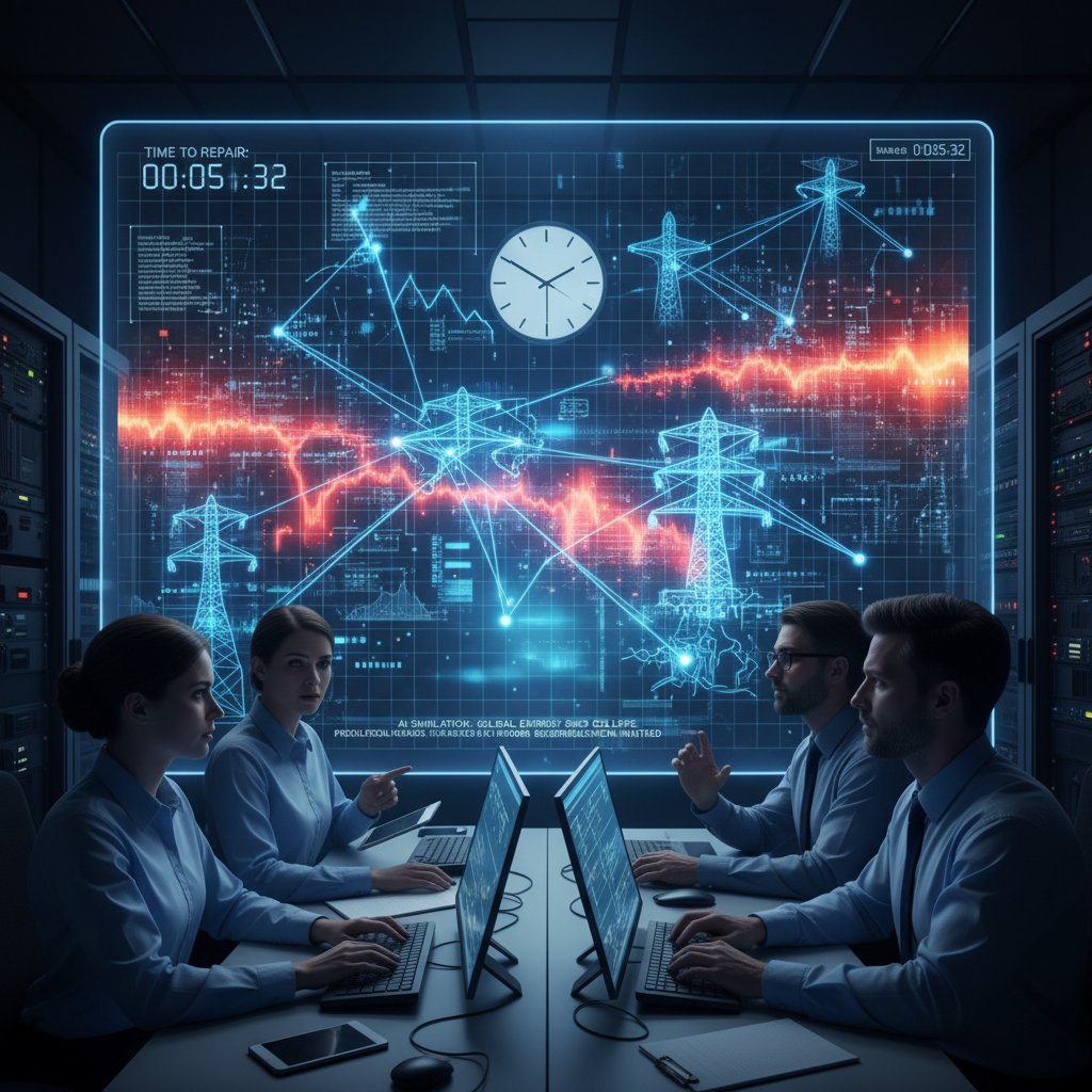 Zespół inżynierów korzystający z symulatora AI podczas testu awarii energetycznej
