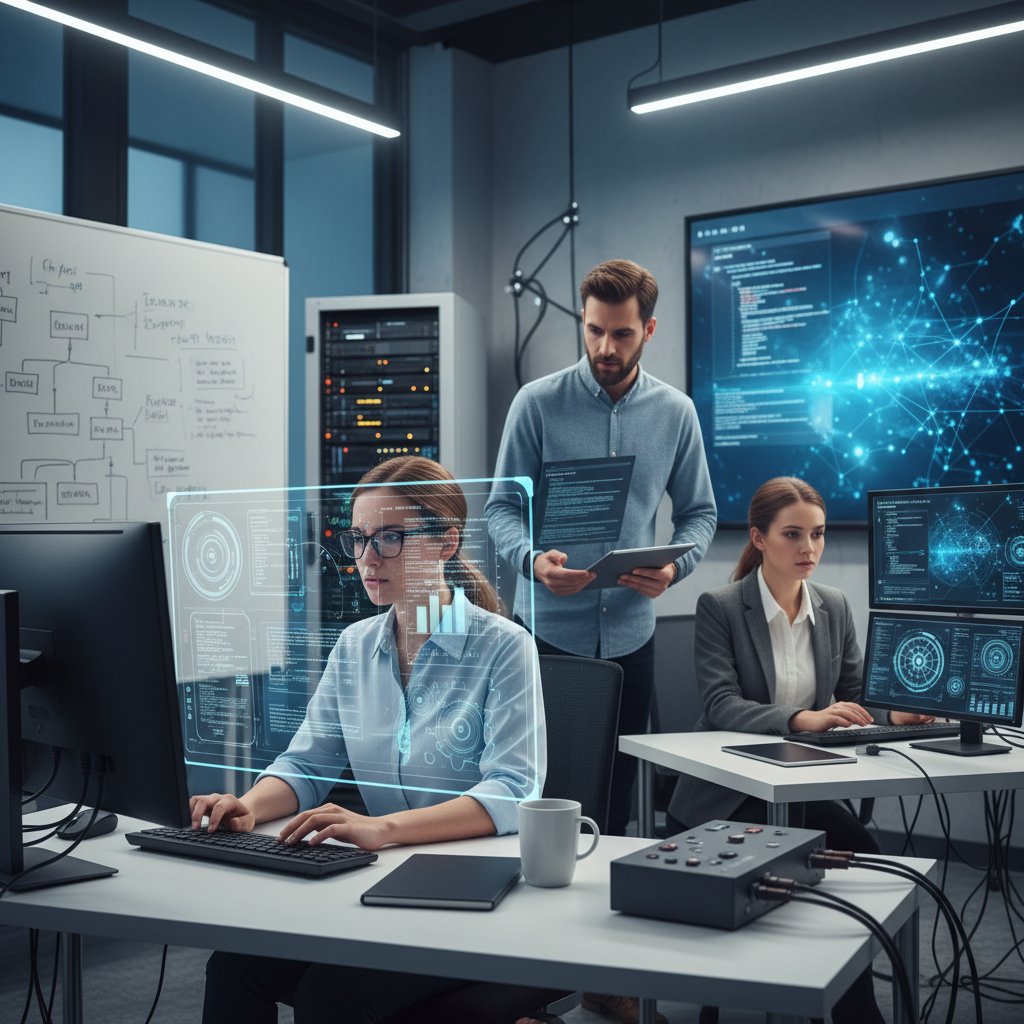 Zespół inżynierów analizujący dane z systemu AI podczas testów w firmie