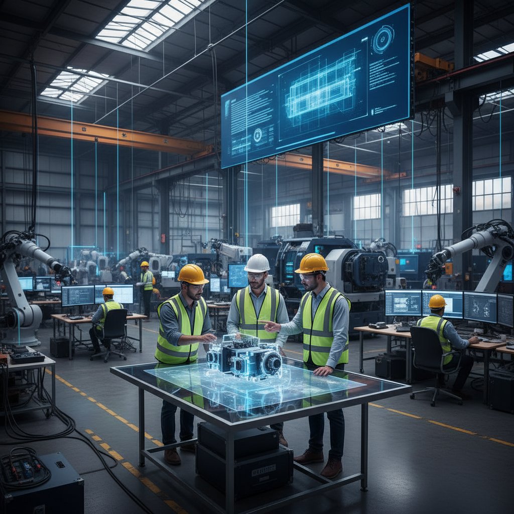 Inżynierowie analizujący cyfrowe modele i dane produkcyjne w hali przemysłowej