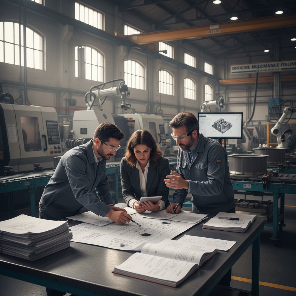 Zespół inżynierów na hali produkcyjnej analizuje włoskie dokumenty techniczne