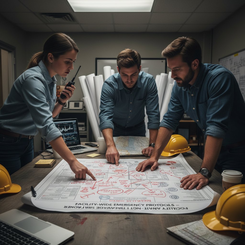 Zespół inżynierów analizujący papierowe plany awaryjne w sali konferencyjnej
