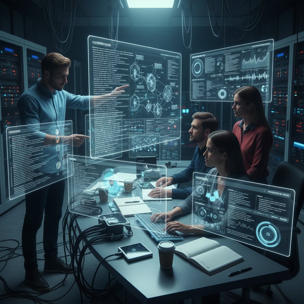 Engineers reviewing multiple data streams on computer screens, representing the integration of unstructured data analytics
