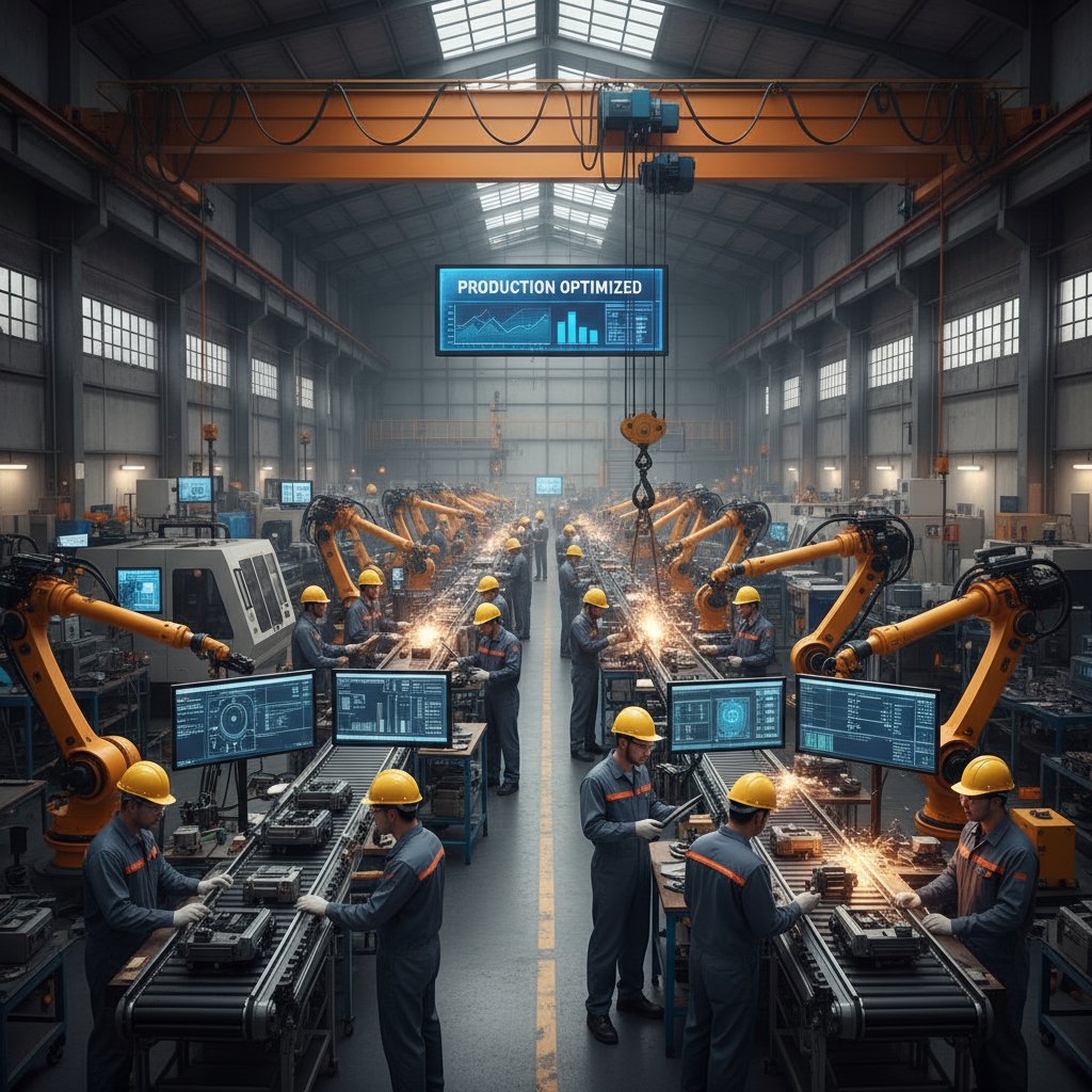 Inżynierowie pracujący nad rozbudowanym modelem procesów produkcyjnych