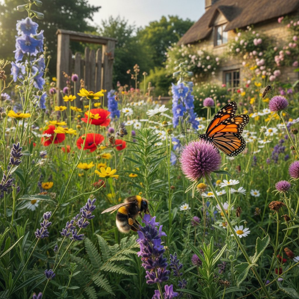 Bogata rabata z kwiatami przyciągającymi pszczoły i motyle w ogrodzie angielskim
