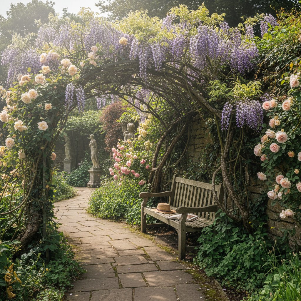 Oryginalny zakątek w polskim ogrodzie angielskim z pnączami i ławką