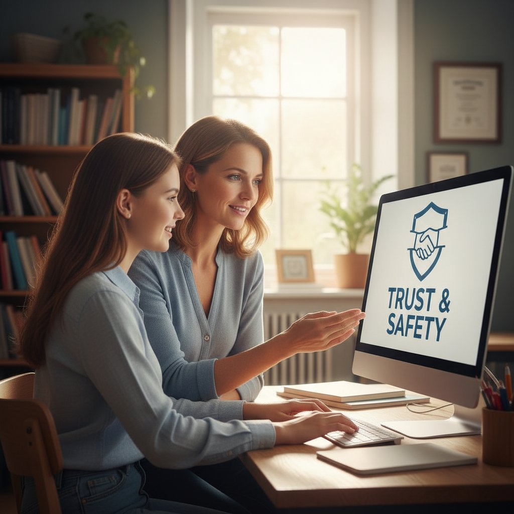 Nauczycielka rozmawiająca spokojnie z uczniem przez komputer, atmosfera zaufania, motyw bezpieczeństwa