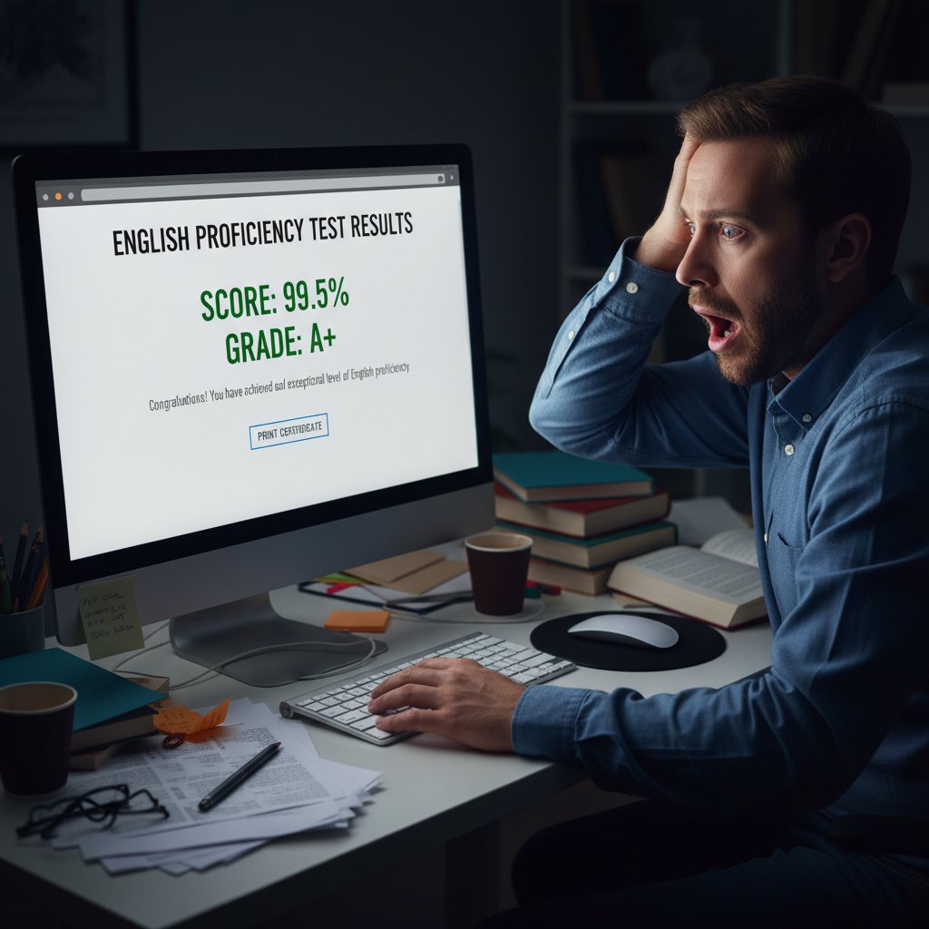 Zbliżenie na ekran z wynikiem testu języka angielskiego i reakcją zaskoczonego użytkownika