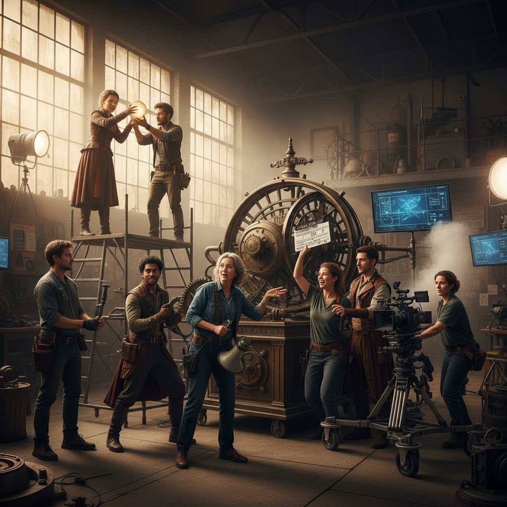 Ensemble cast in a dramatic scene, teamwork and collaboration concept, group effort movies