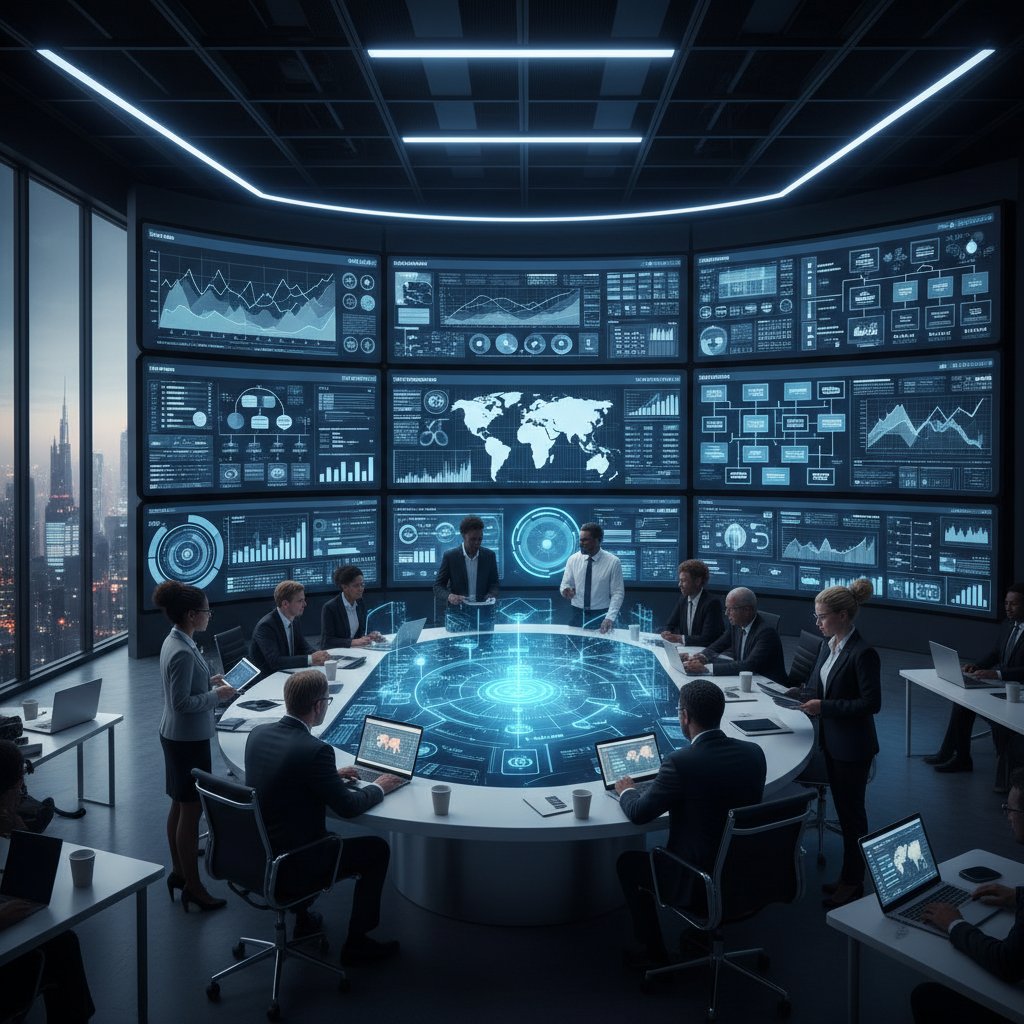 Enterprise workflow monitoring in action: control room, digital dashboards, staff collaborating