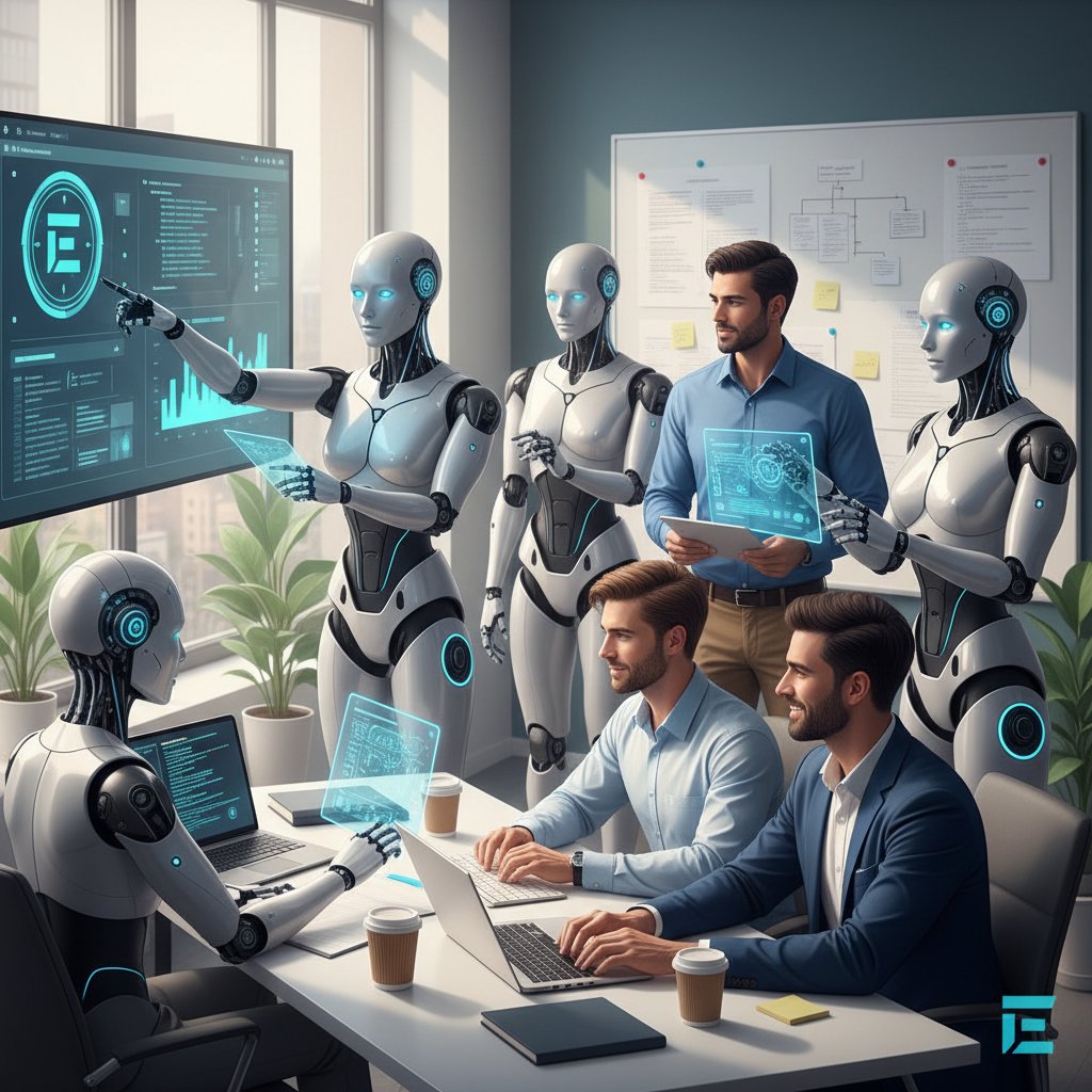 Enterprise support team in a hybrid meeting, with human members and an AI avatar visible on shared screens, embodying collaborative support