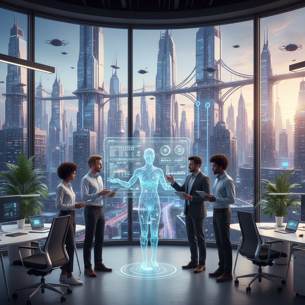 Forward-looking enterprise team with AI teammate, dramatic city skyline, symbolizing the future of client support