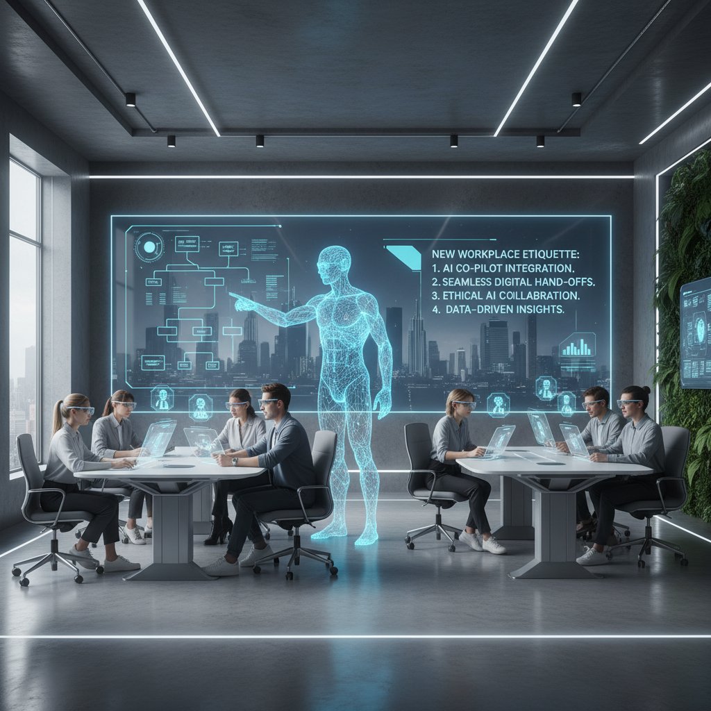 Enterprise team collaborating with digital assistant, new workplace etiquette, AI coworker, productivity