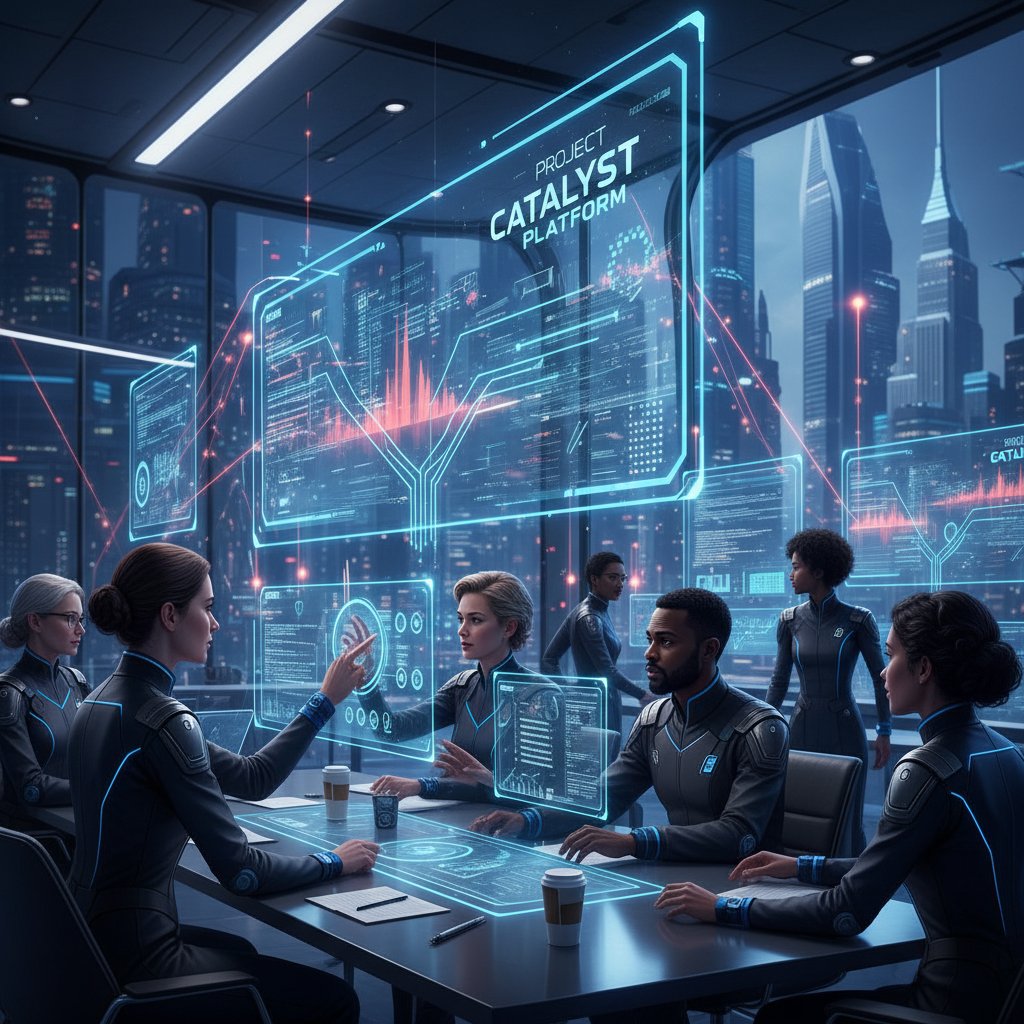 Enterprise team managing projects with an integrated digital dashboard, futuristic, high-energy, English alt text