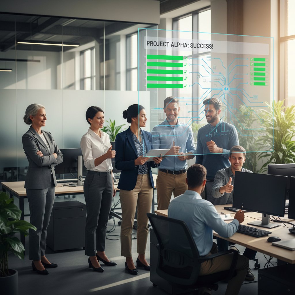 Enterprise tech team celebrating project success, digital workflow management, workflow coordinator at center