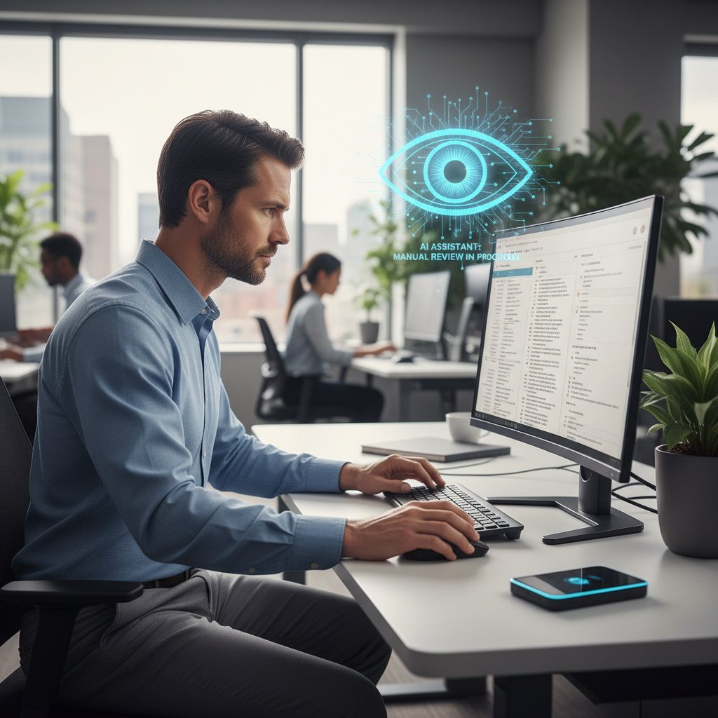 Enterprise worker reviewing important email manually for critical details, blending AI with human oversight