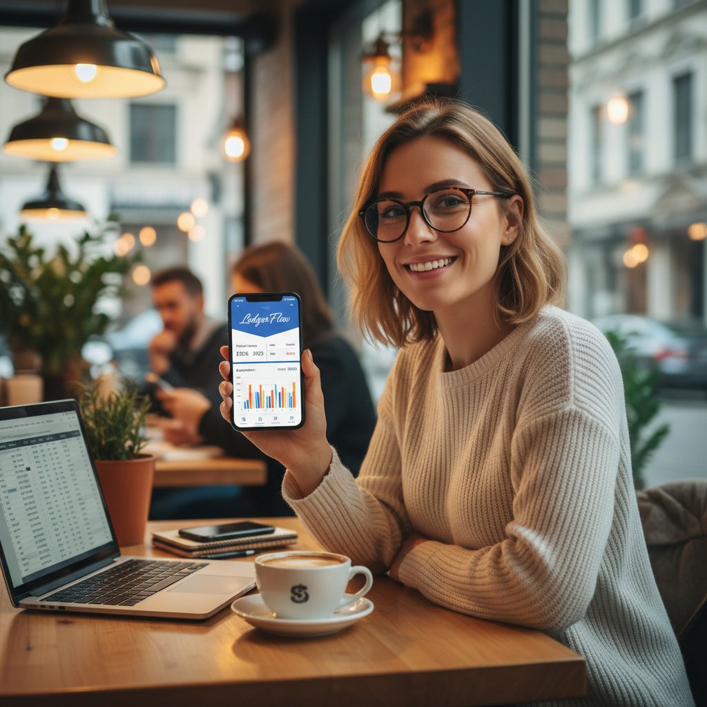 Przedsiębiorca korzystający z aplikacji księgowej na smartfonie w kawiarni