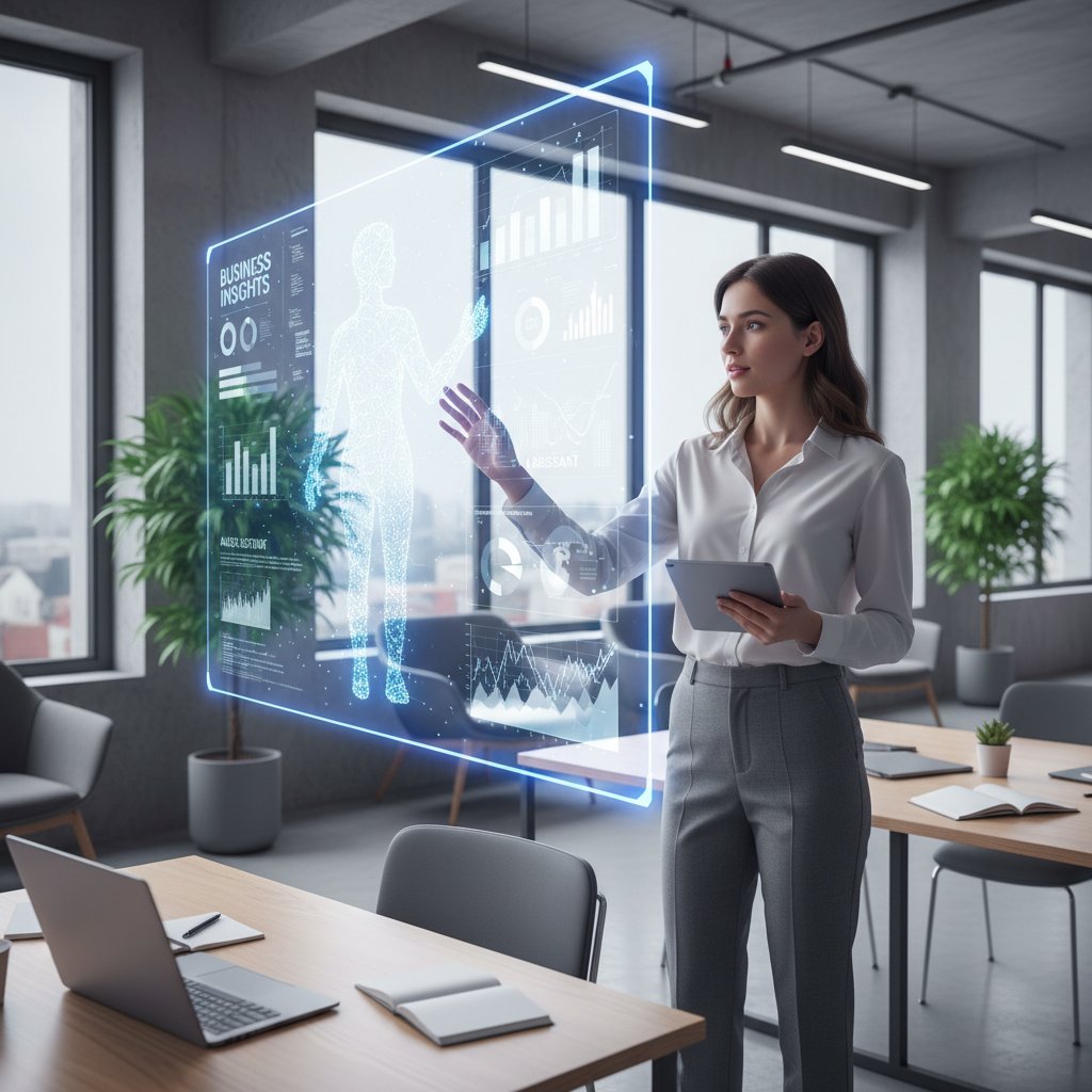 Entrepreneur using AI assistant for analytics, business insights visualized on screen, innovative workspace