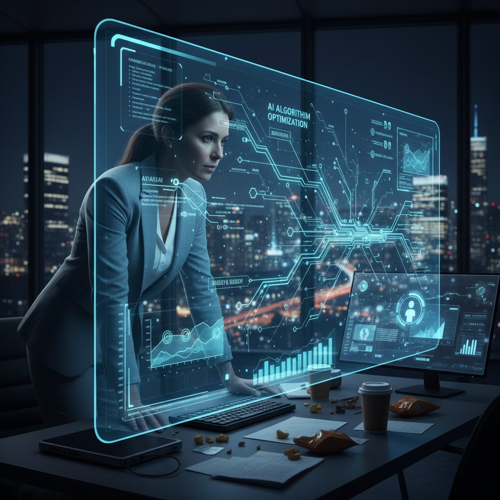 Przedsiębiorca korzystający z doradztwa biznesowego AI w biurze, noc, ekran z danymi