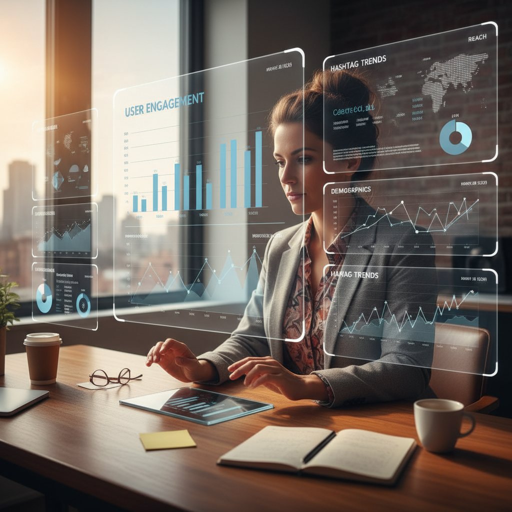 Przedsiębiorca analizujący statystyki różnych kanałów social media, laptop, wykresy na ekranie, biuro domowe