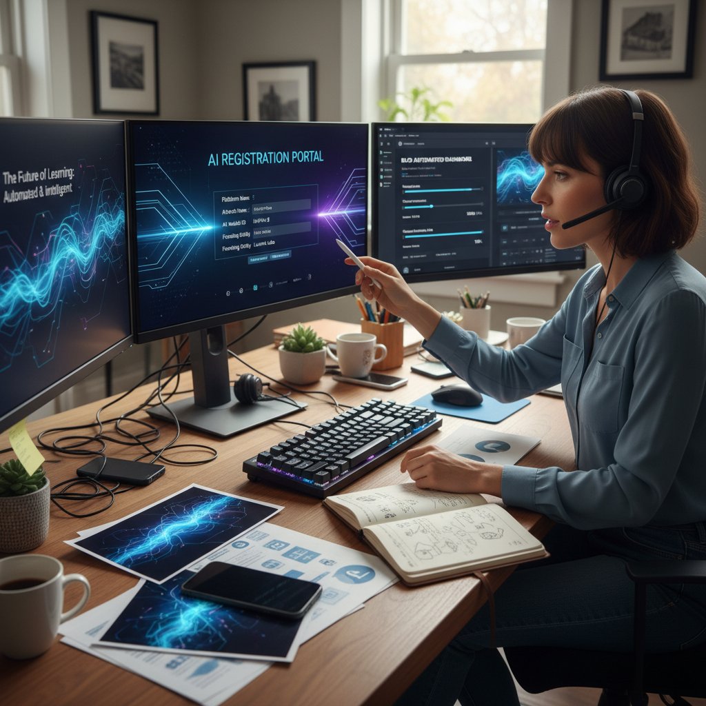 Przedsiębiorca przy komputerze, na ekranie rejestracja w pracownicy.ai, obok notatki i grafik AI – start z automatyzacją bloga