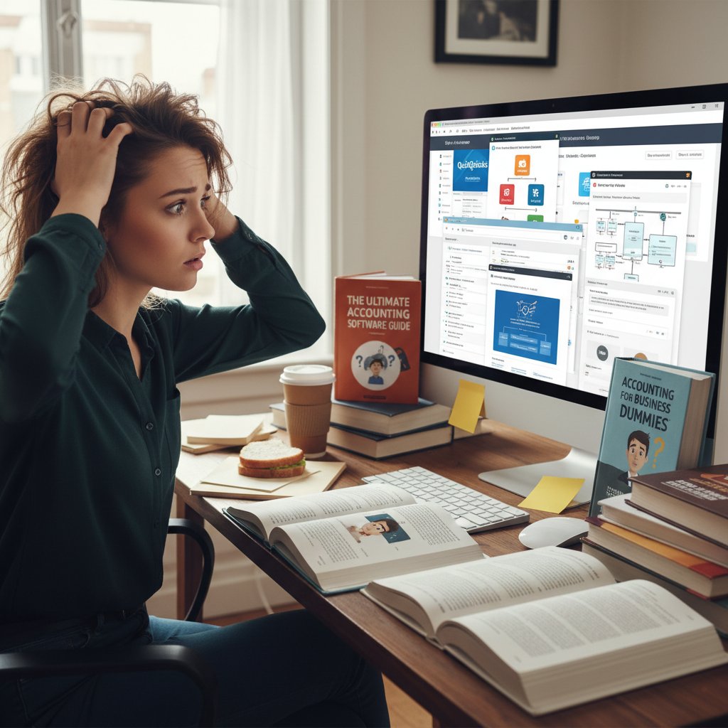 Przedsiębiorca zdezorientowany przeglądający kilka poradników i aplikacji na komputerze