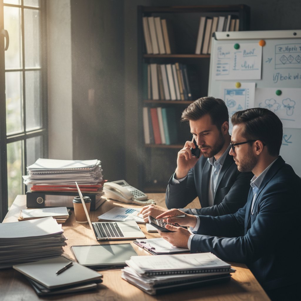 Przedsiębiorca rozważający telefon do księgowej przy biurku pełnym dokumentów