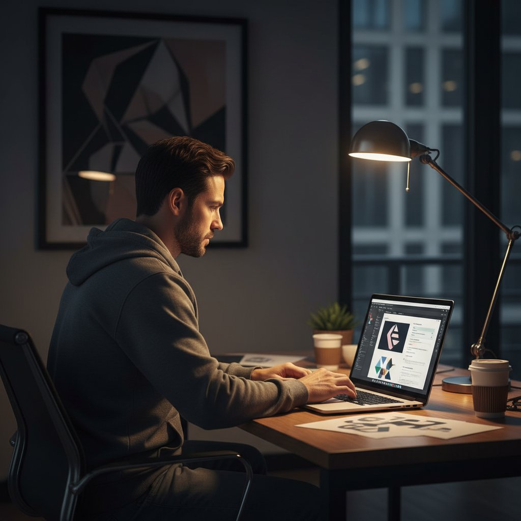 Przedsiębiorca analizujący projekty logo na laptopie w ciemnym biurze