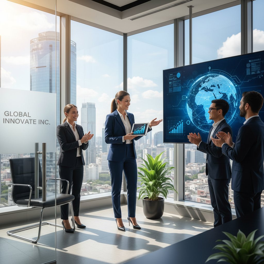 Przedsiębiorca świętuje sukces po wdrożeniu alternatywnych analiz rynku, biuro z widokiem na miasto, laptop i wykresy na stole