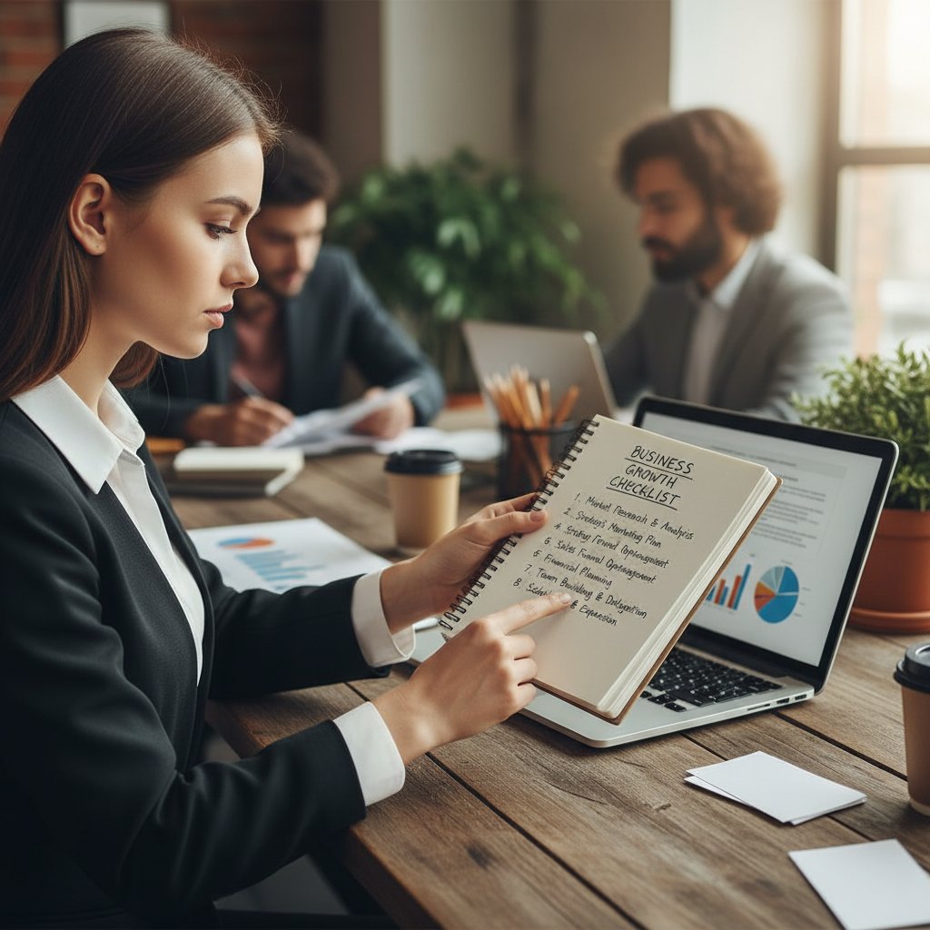 Przedsiębiorca z notatnikiem analizuje check-listę gotowości firmy do skalowania przychodów