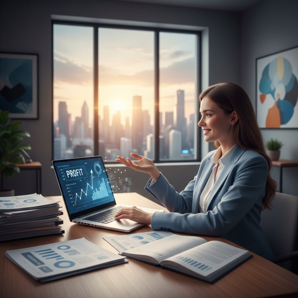 Przedsiębiorca patrzący z optymizmem w przyszłość z laptopem i dokumentami księgowymi