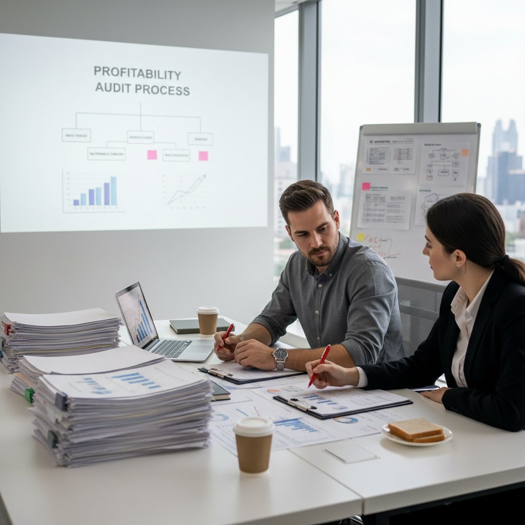 Przedsiębiorca realizujący audyt rentowności krok po kroku, biuro, analiza dokumentów