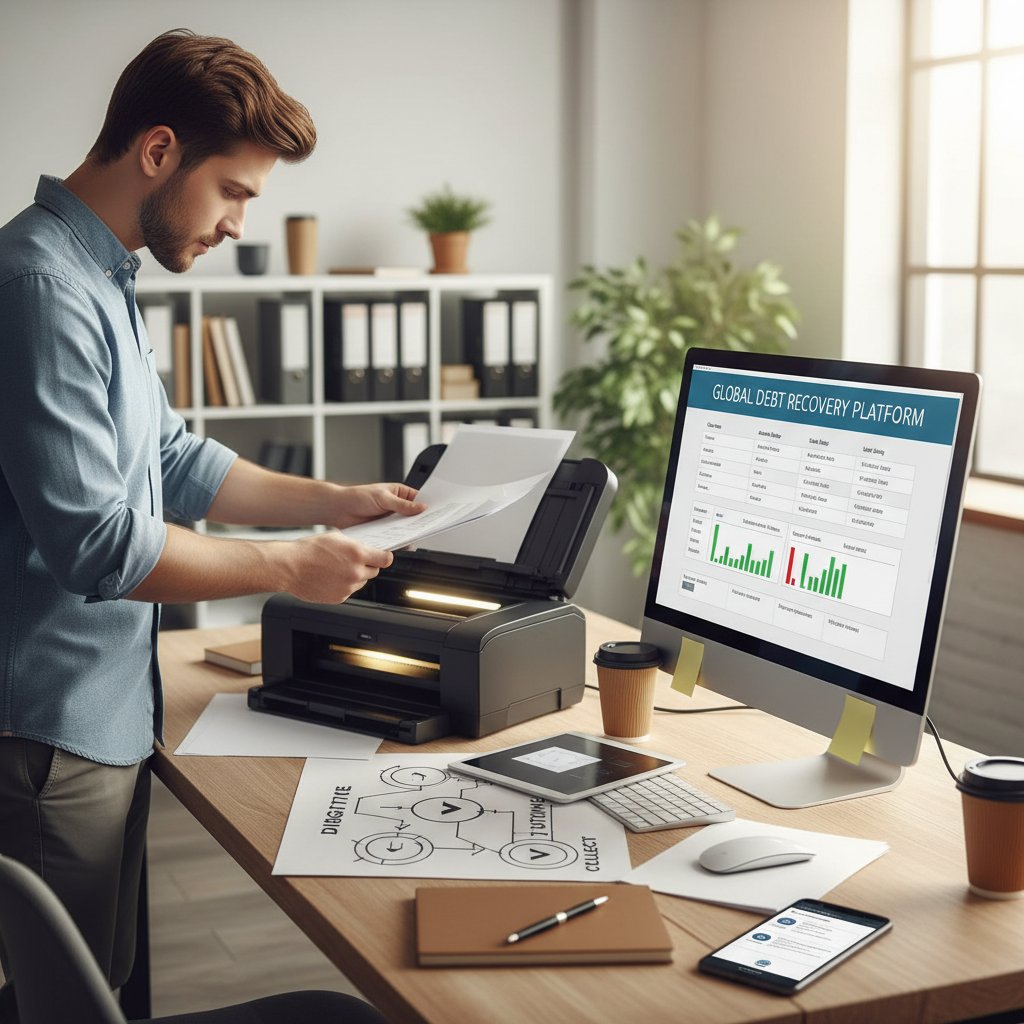 Przedsiębiorca skanujący dokumenty do platformy windykacyjnej online, nowoczesny sprzęt