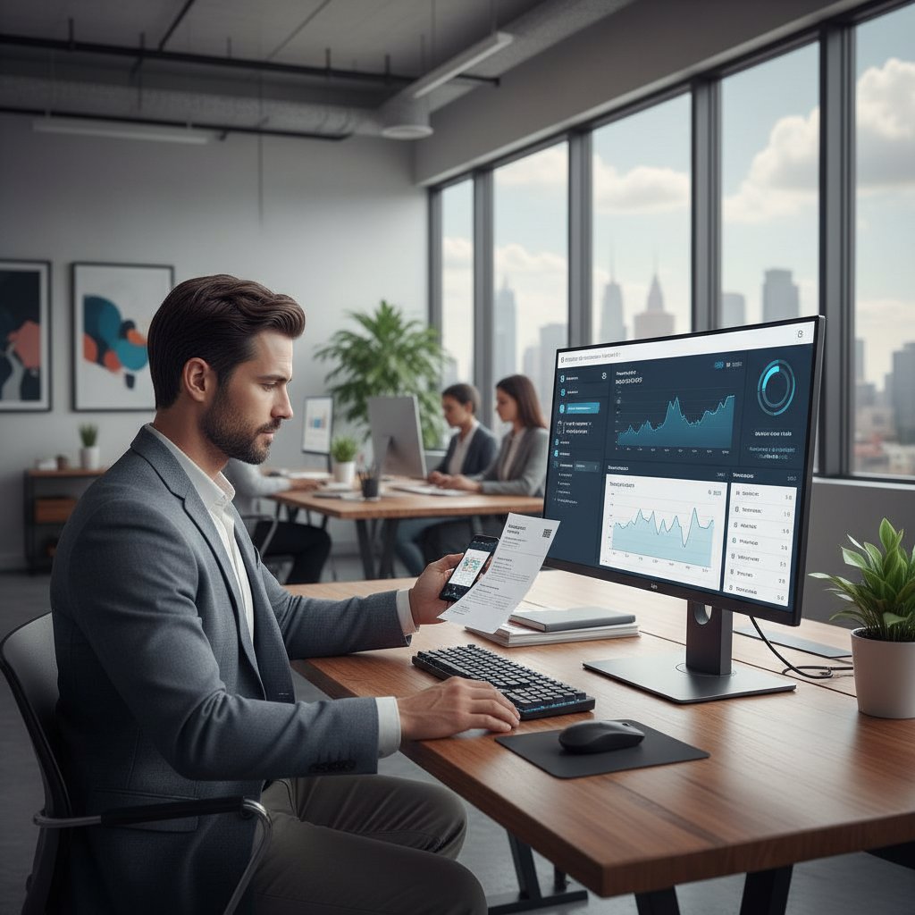 Przedsiębiorca skanujący fakturę do programu księgowego w nowoczesnym biurze