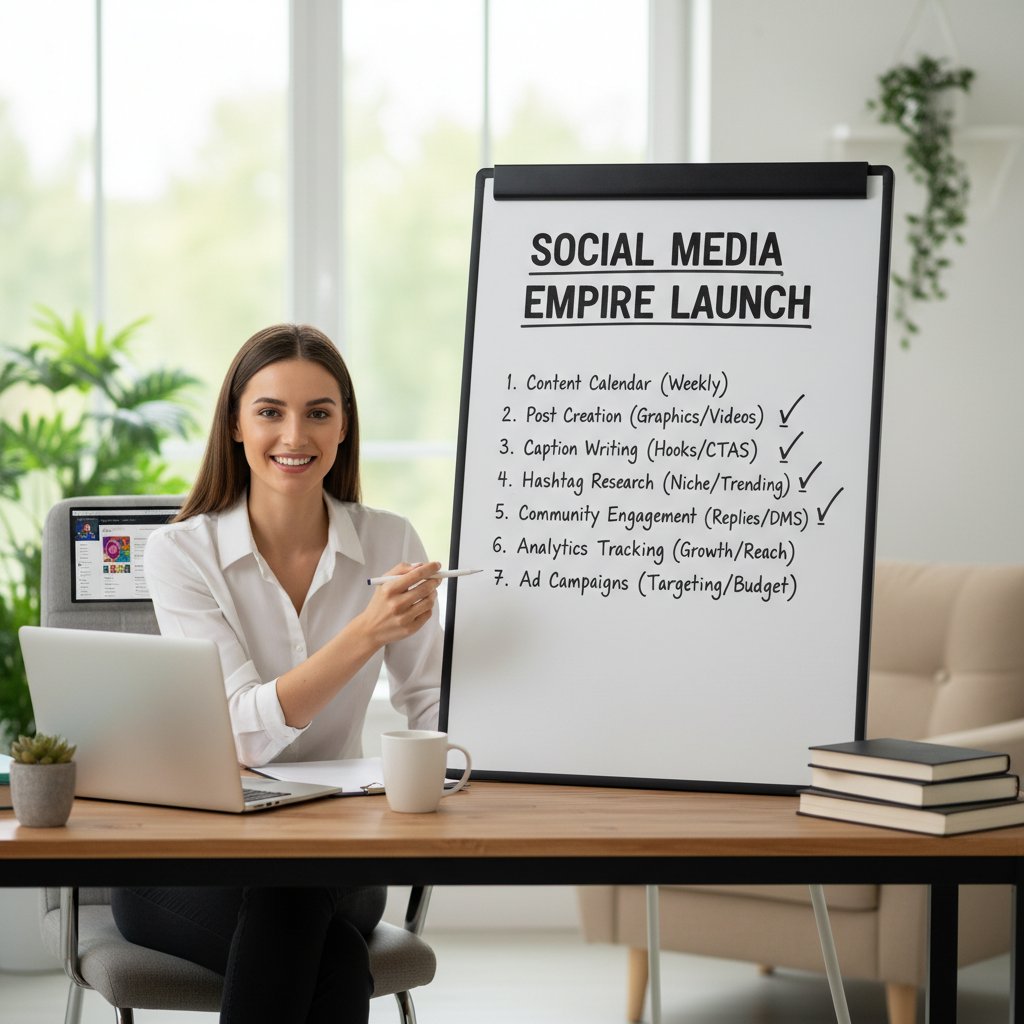 Przedsiębiorca z checklistą social media, uśmiechnięty, biurko z laptopem i notatnikiem, w tle rośliny