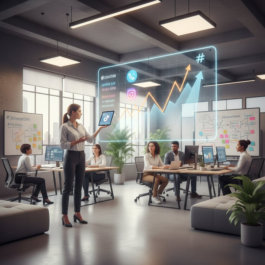 Przedsiębiorca patrzący w ekran z trendami social media, wykresy, dynamiczne światło, nowoczesna sceneria