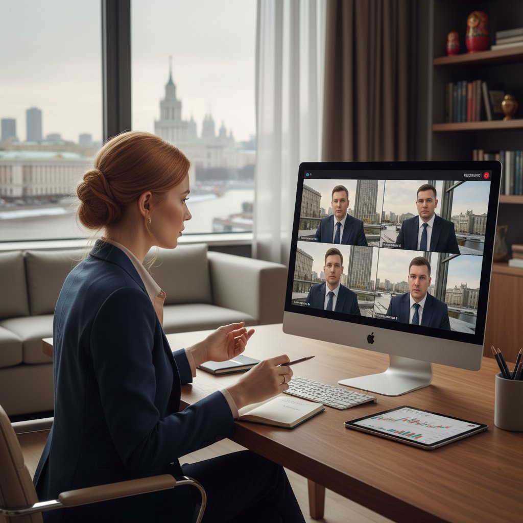 Przedsiębiorca podczas rozmowy z partnerami z Rosji online, słowa kluczowe: rosyjski handlowy online, wideokonferencja biznesowa