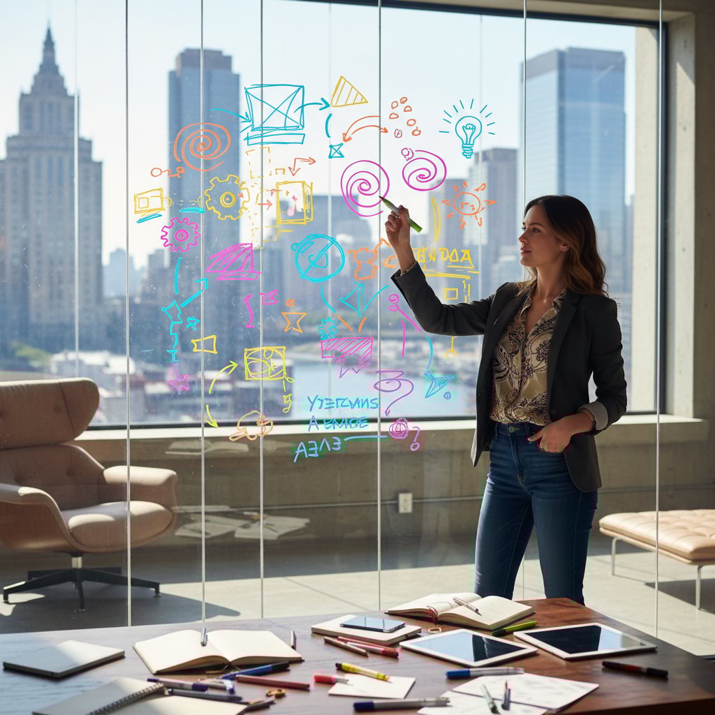 Przedsiębiorca kreślący pomysły na szklanej ścianie, psychoterapia i kreatywność