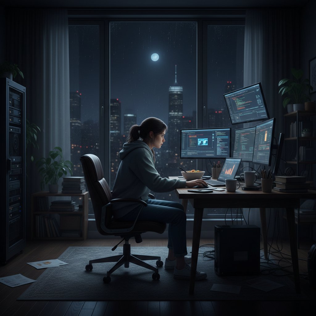 Przedsiębiorca pracujący do późna w samotności, psychoterapia dla przedsiębiorców, kryzys