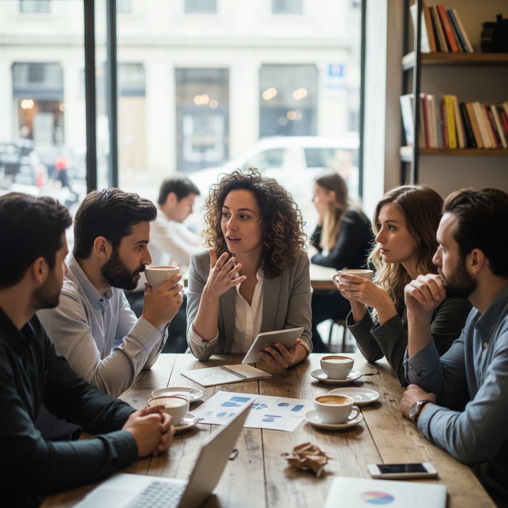 Przedsiębiorca rozmawiający z innym przedsiębiorcą przy kawie, wymieniający się doświadczeniami