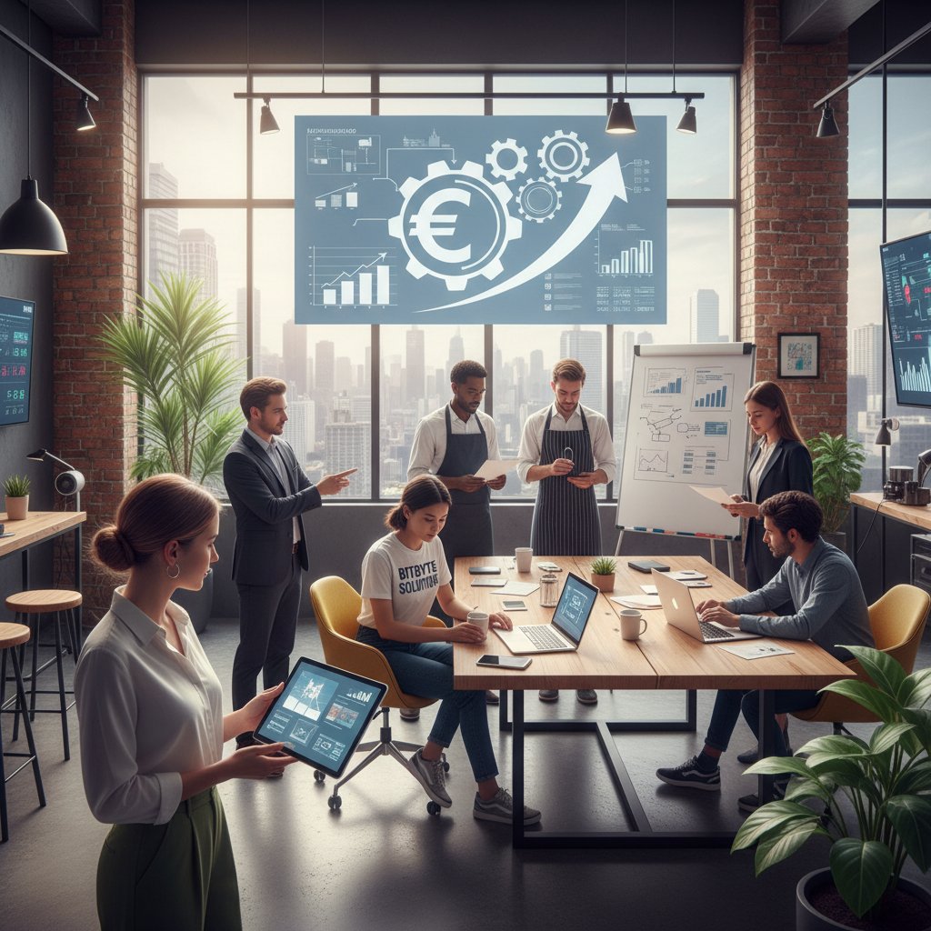 Przedsiębiorcy z różnych branż omawiający strategie podatkowe, coworking, nowoczesne biuro, różnorodność zawodowa