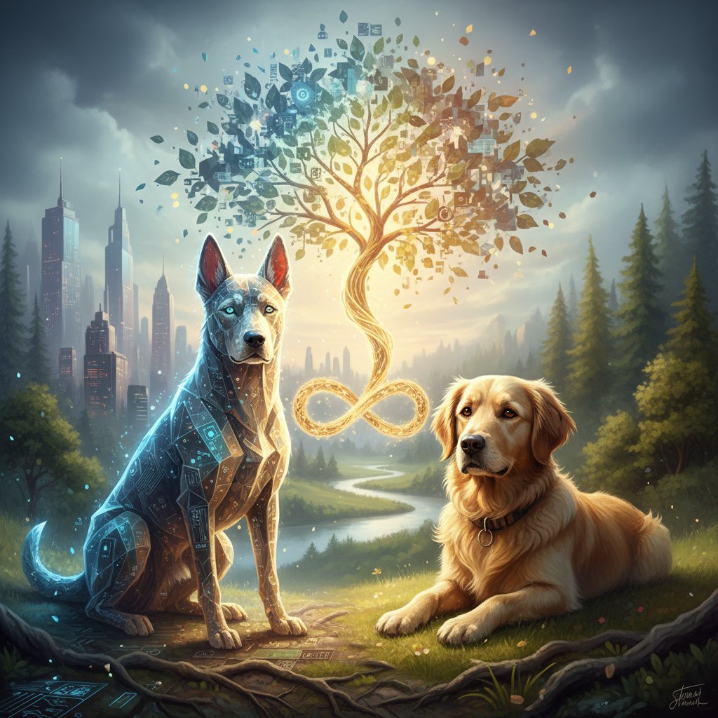 Wirtualny i prawdziwy pies patrzą sobie w oczy – symbol nowej ery przyjaźni