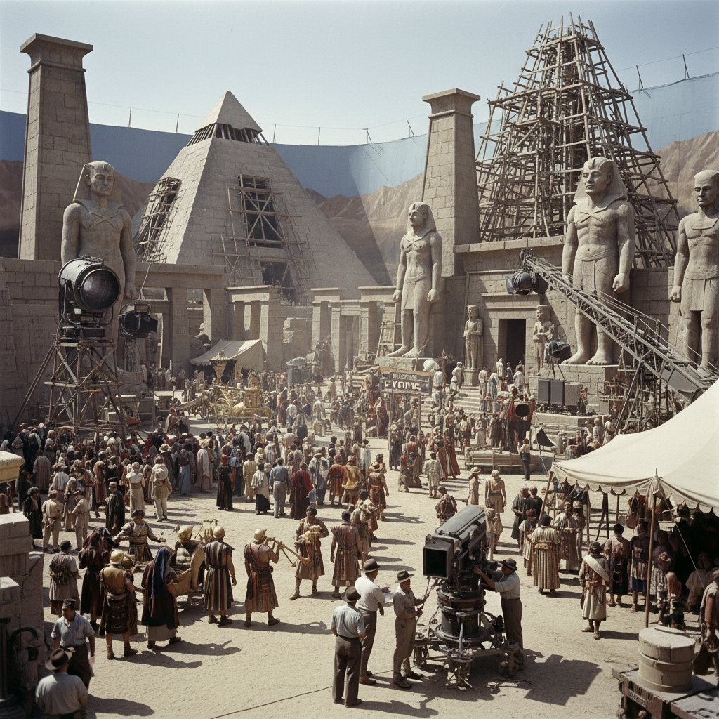 Epic 1950s biblical set under construction, capturing the monumental scale and ambition that classic biblical movies brought to Hollywood