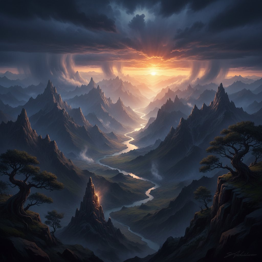 Epic landscape with dramatic lighting, inspired by Dune and classic cinematic vistas